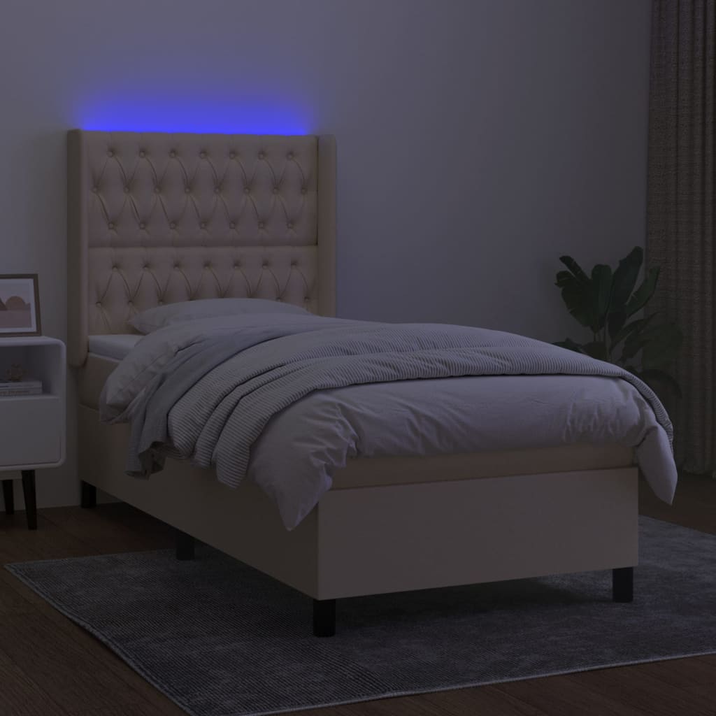 Lova su grotelėmis/čiužiniu/LED, kreminė, 90x200 cm, audinys